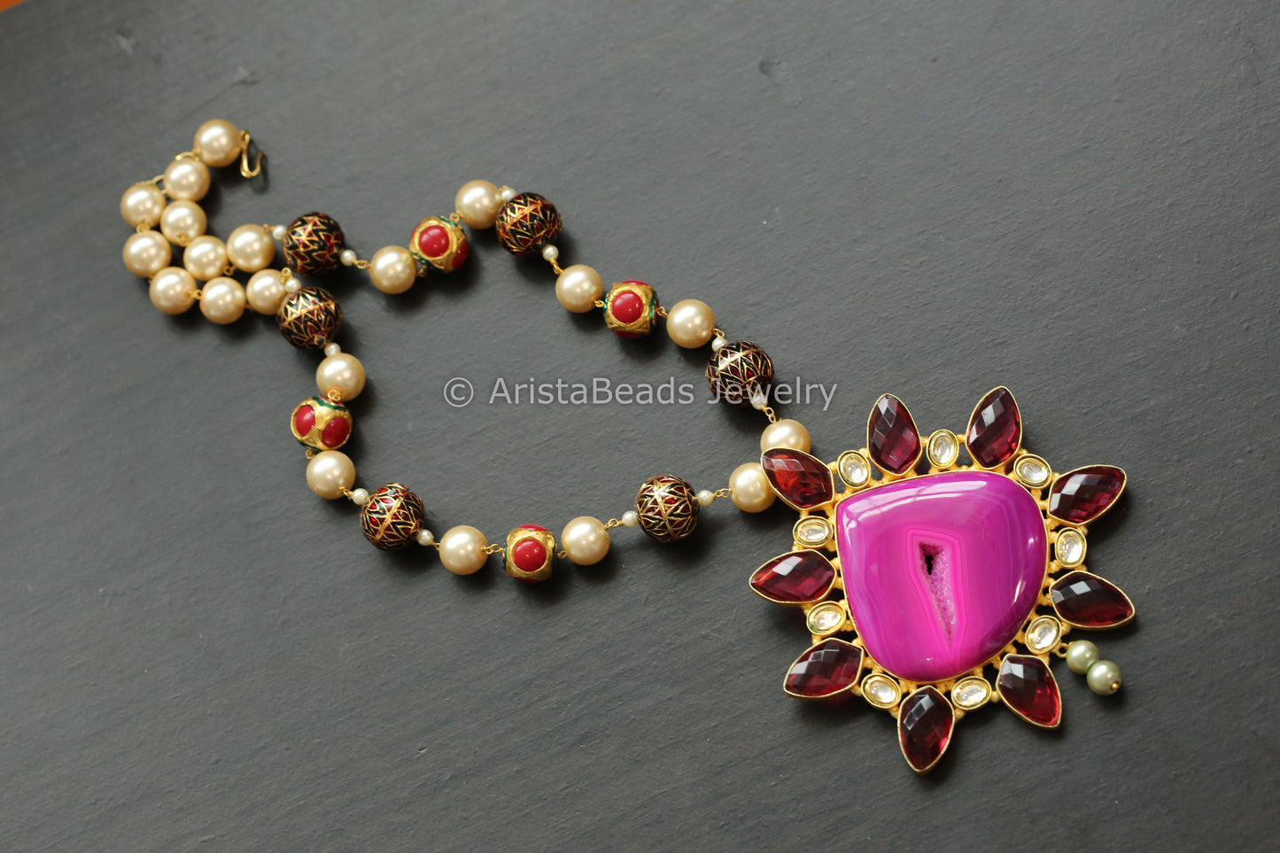 Contemporary Kundan & Pink Agate Geode Druzy Necklace