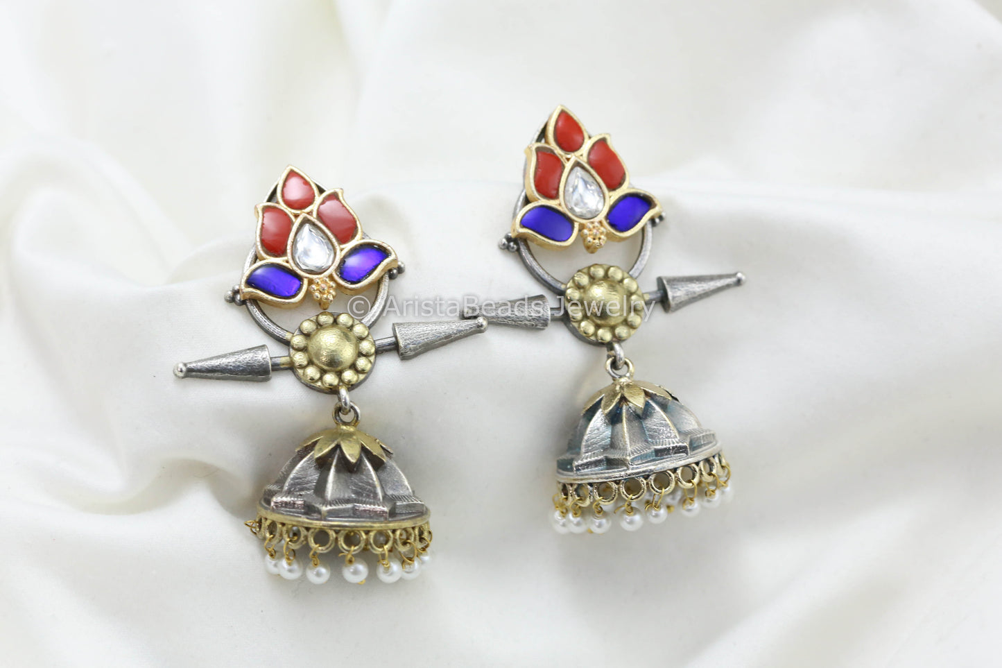Jadau Kundan Silver Look Fusion Jhumka - Coral Blue