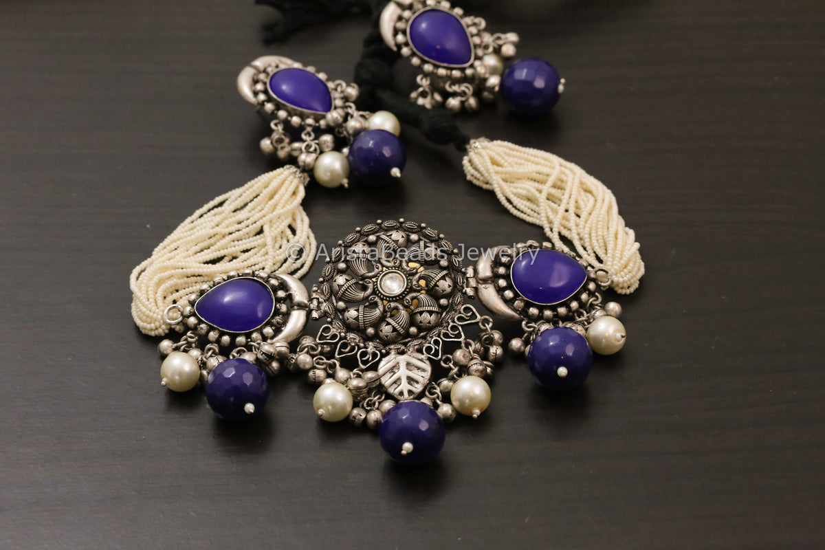 Silver Look Alike Kundan Peacock Necklace - Blue