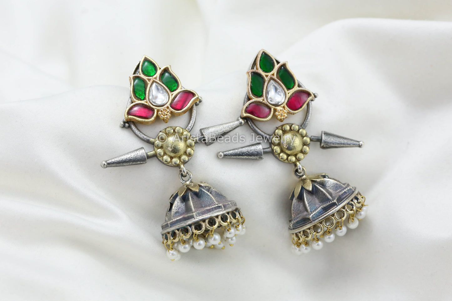 Jadau Kundan Silver Look Fusion Jhumka -Ruby Green