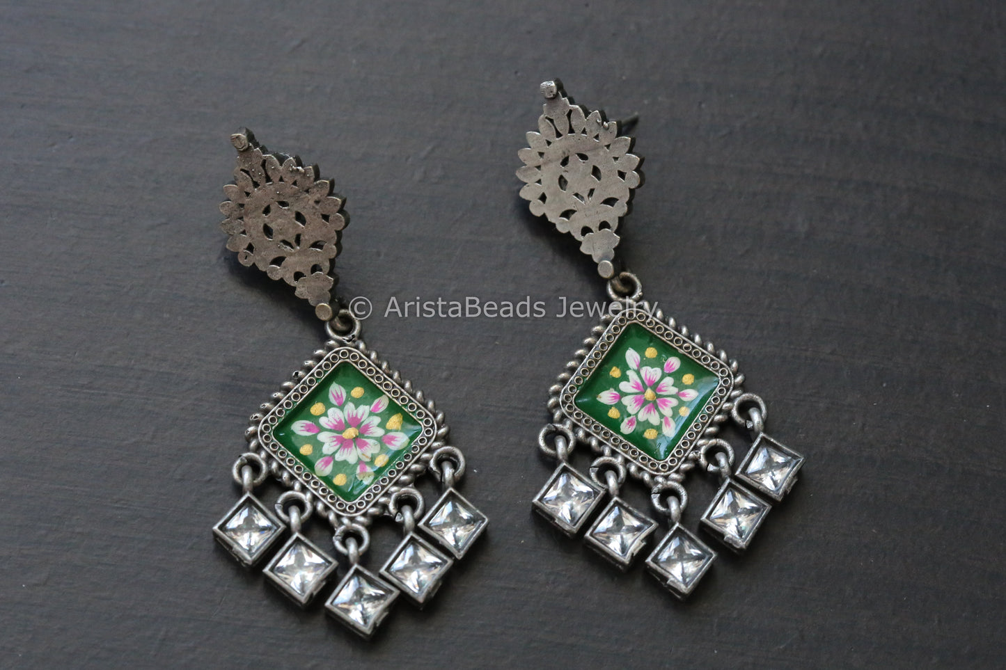 Hand Enamel Earrings - Green