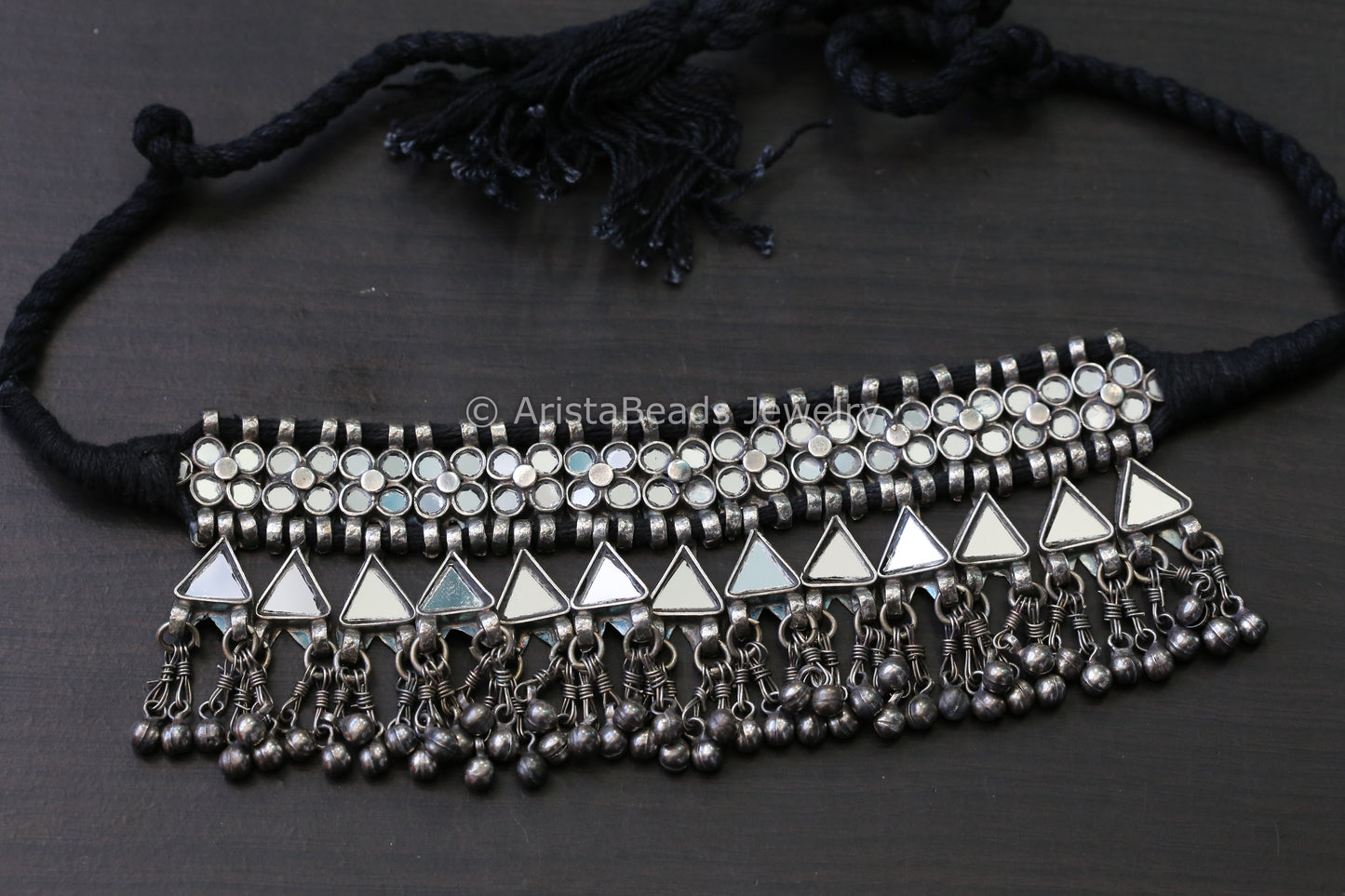 Darpan Oxidized Clear Glass Necklace- Black Thread