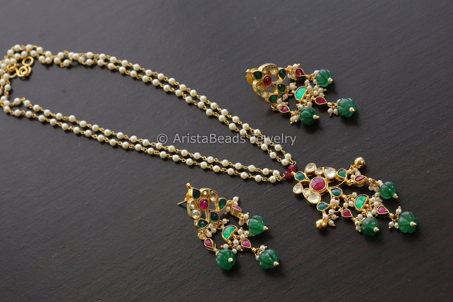 Dainty Pachi Kundan Pendant Set With Melon Drops