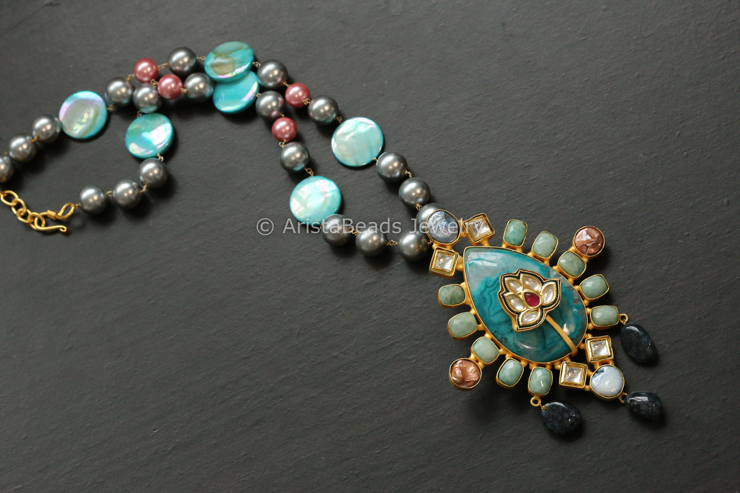 Contemporary Kundan, Larimar & Baroque Pearl Necklace