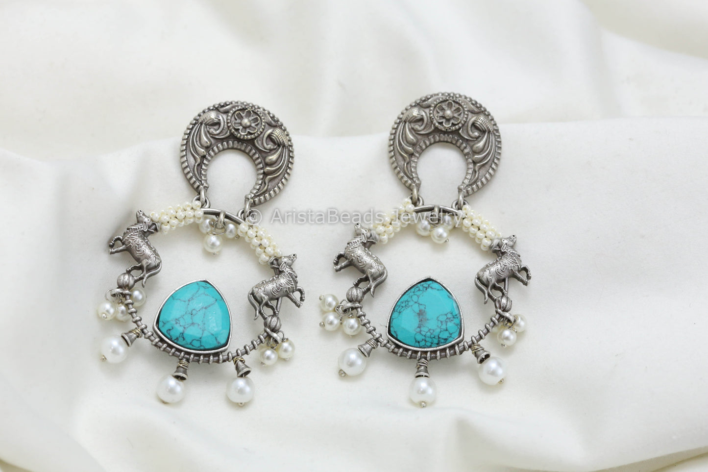 Silver Look Chandbaali - Turquoise