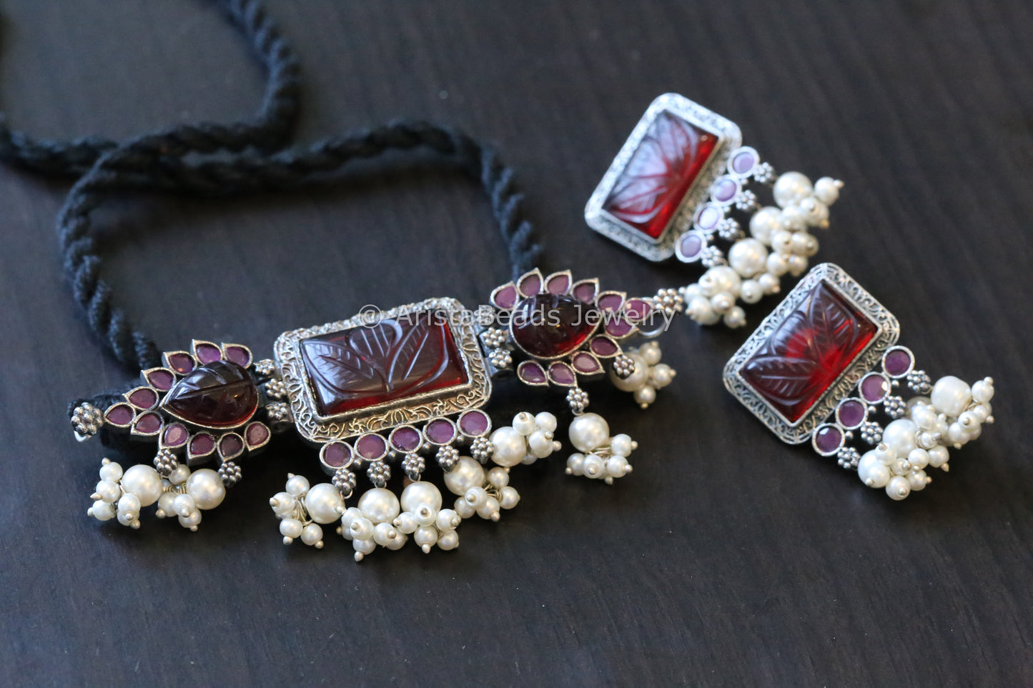 Dark Red Carved Stone Choker Set
