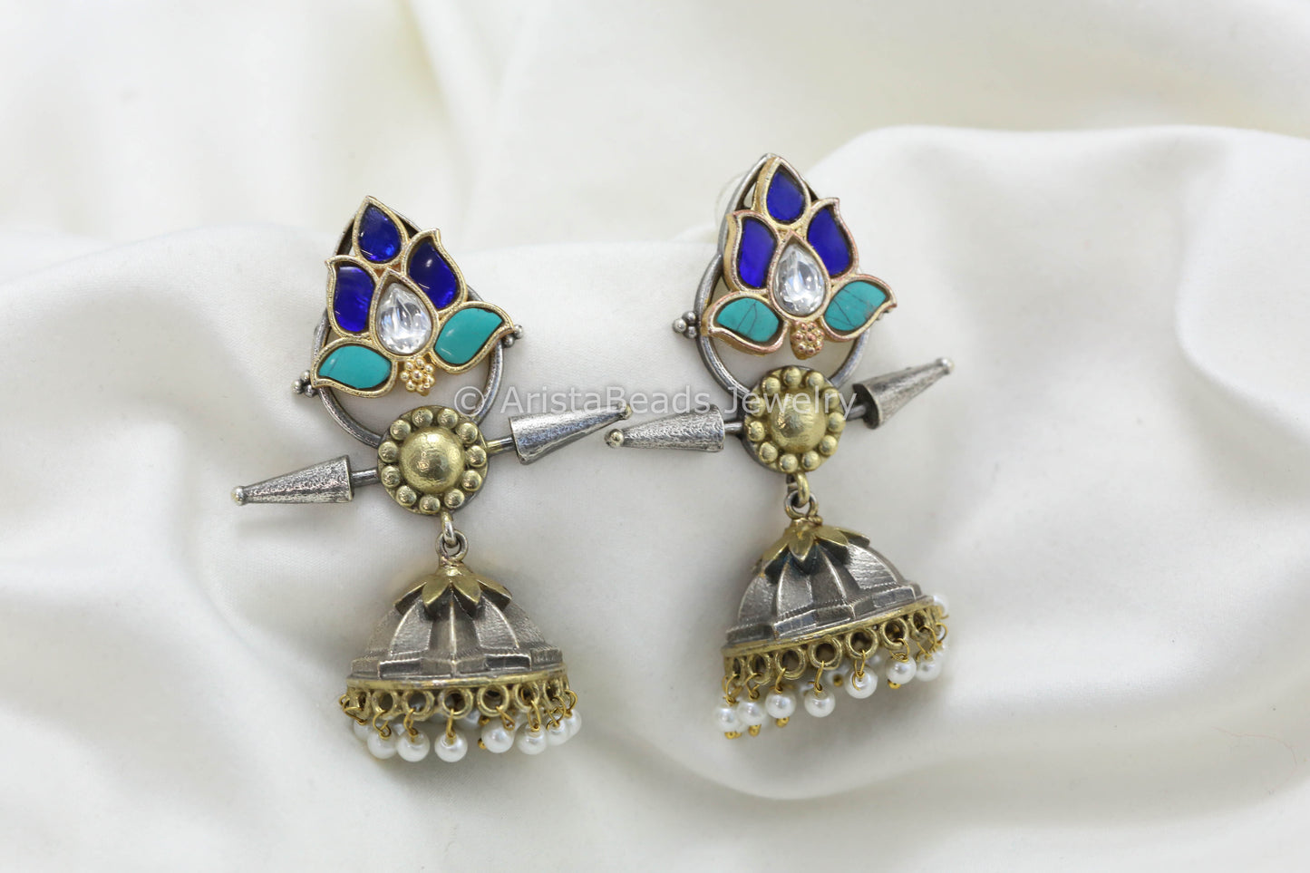 Jadau Kundan Silver Look Fusion Jhumka -Turquoise Blue