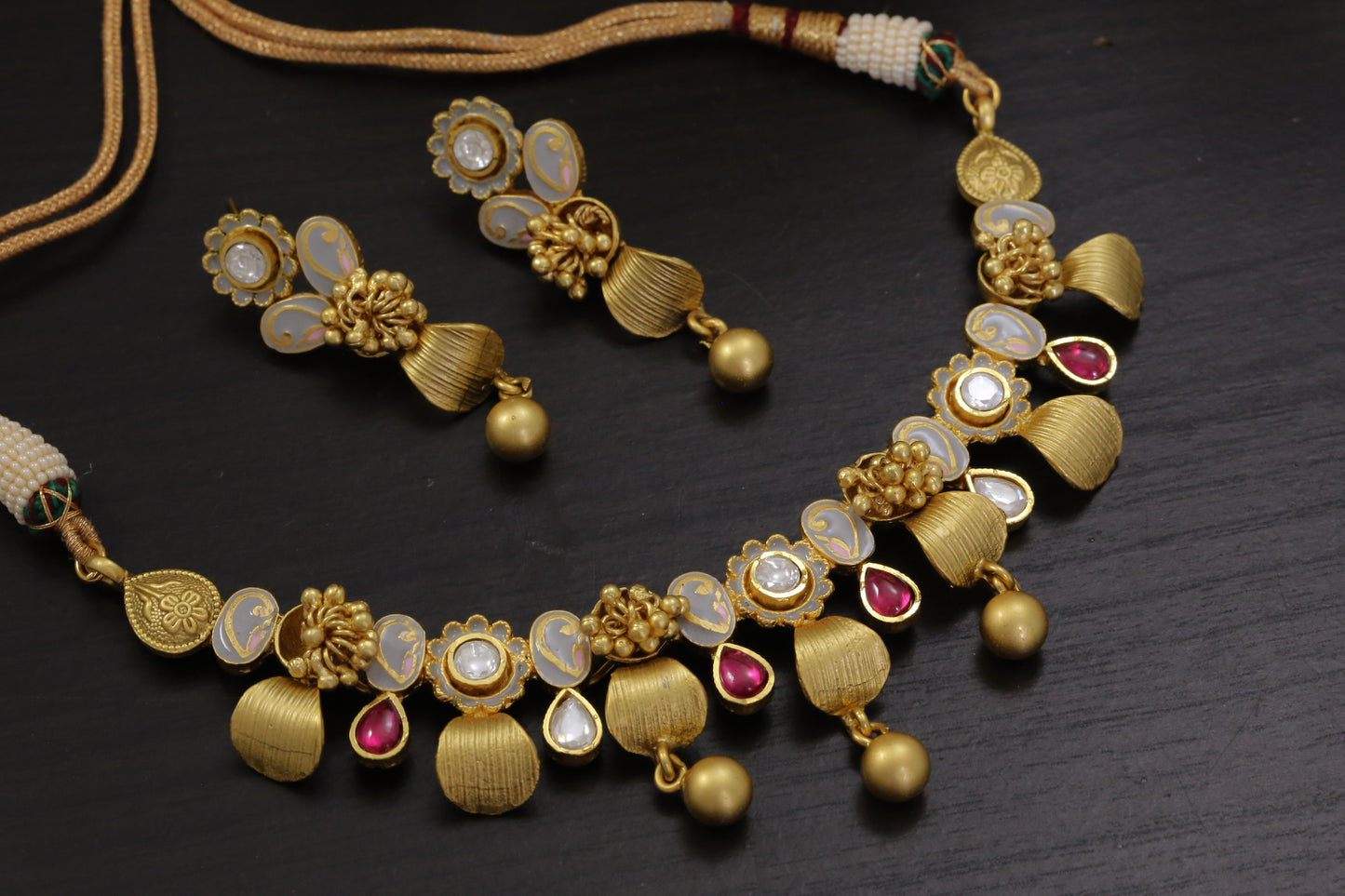 Kundan Polki Enamel Ghungroo Necklace Set - Gray