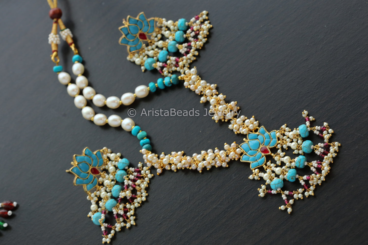Pachi Kundan Lotus Necklace Set - Turquoise