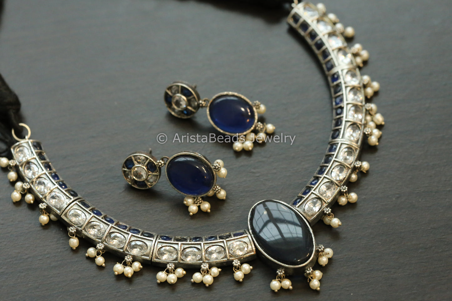 Oxidized Hasli Necklace Set - Blue & Clear