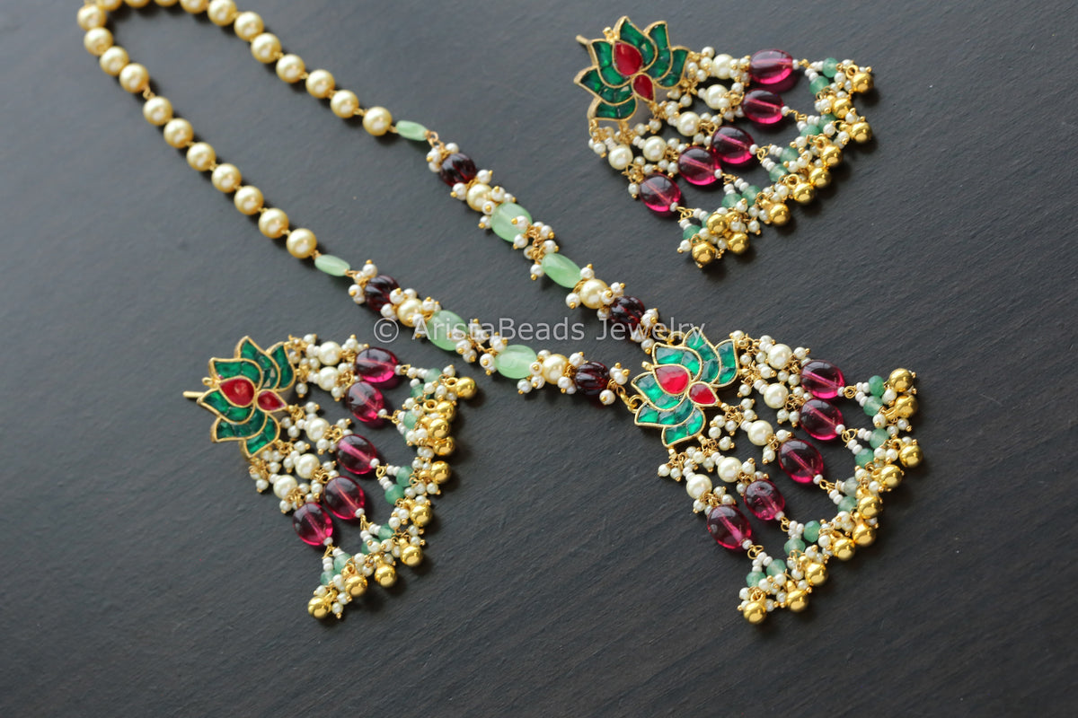 Pachi Kundan Lotus Necklace Set - Green