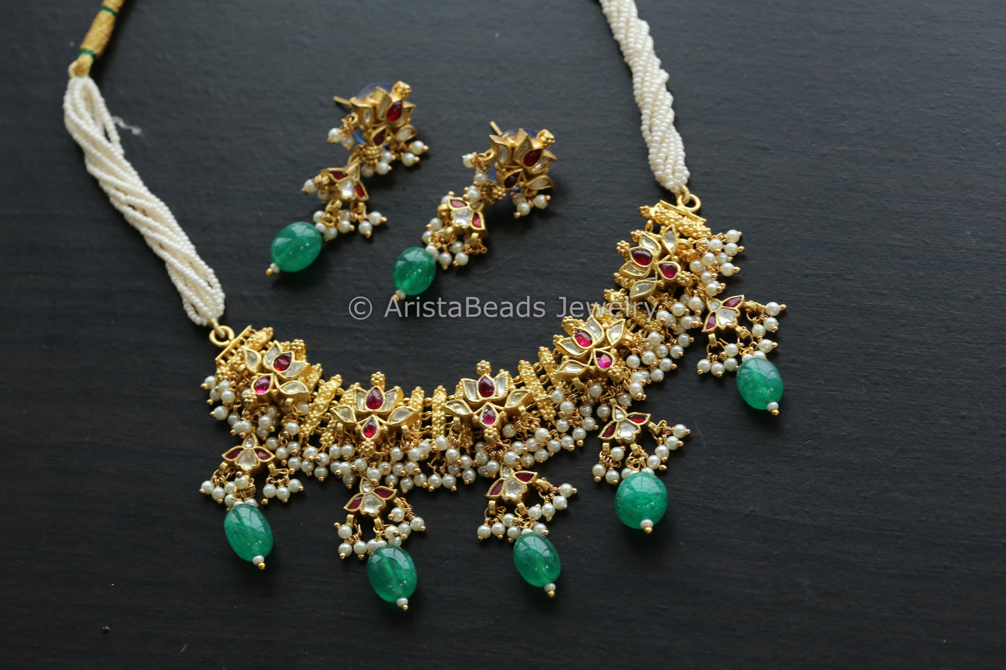 Dainty Gold Jadau Pachi Kundan Lotus Necklace Set