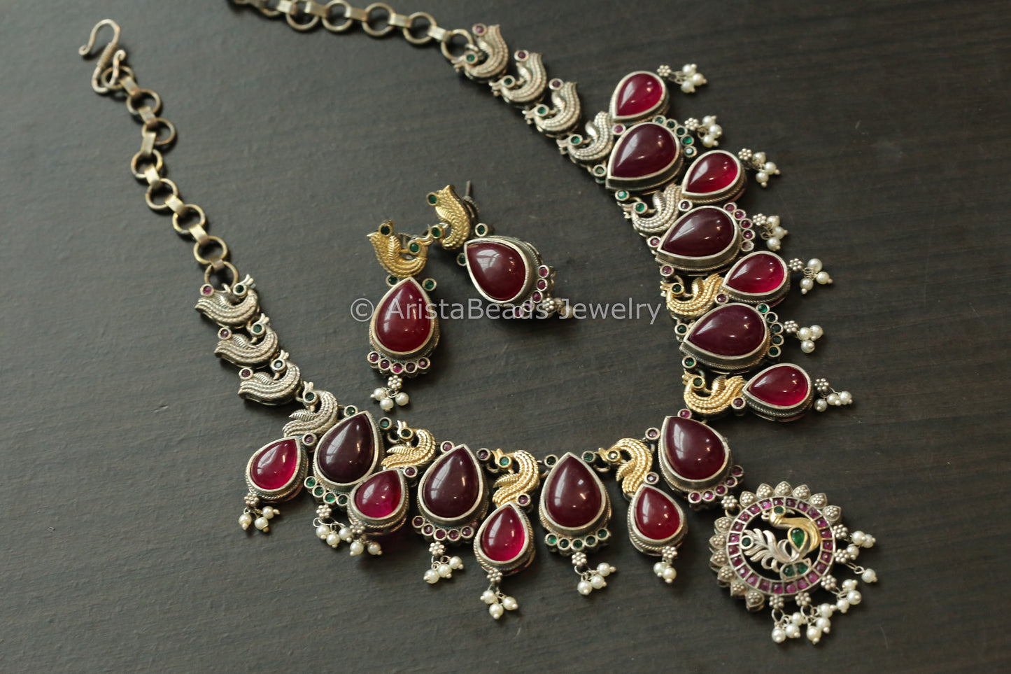 Dual Tone Red Monalisa Stone Necklace Set