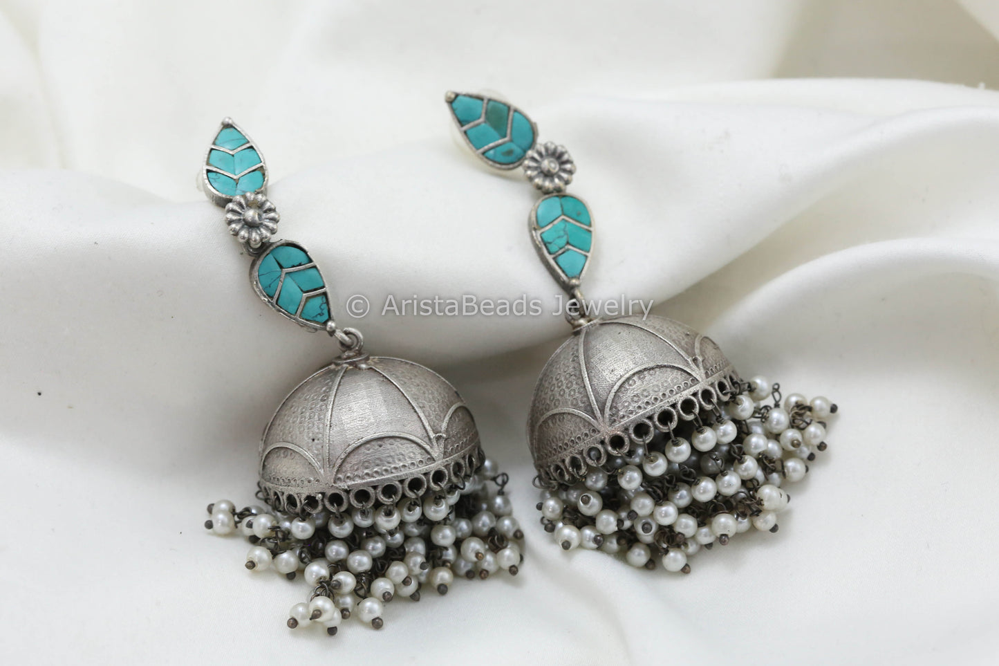 Long Jadau Kundan Silver Fusion Jhumka - Turquoise