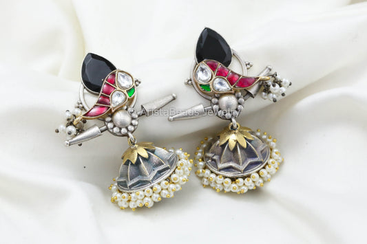 Jadau Kundan Silver Replica Fusion Jhumka -Black Ruby