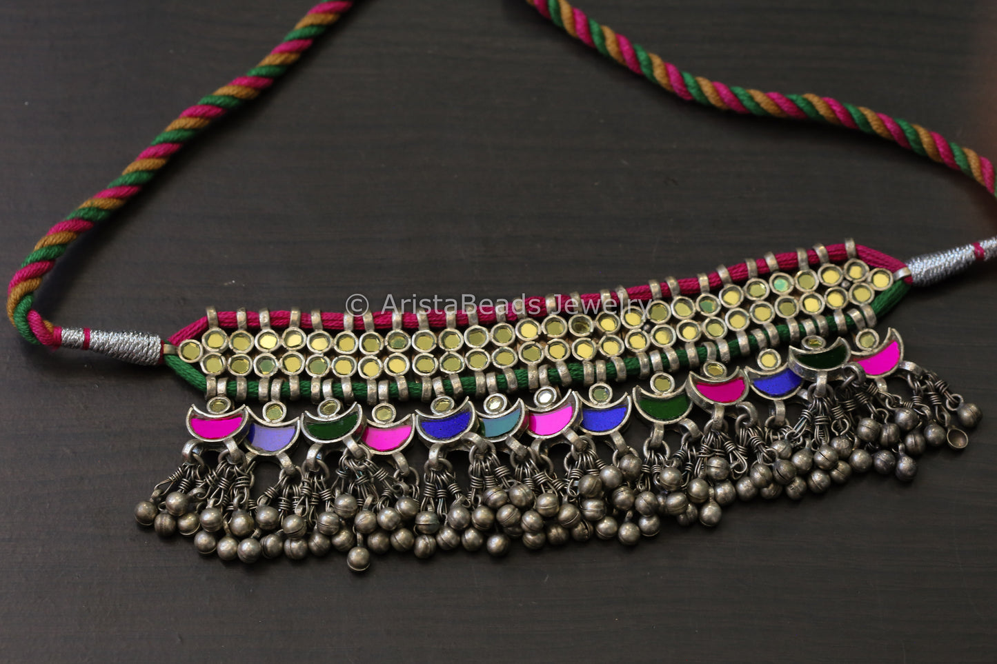 Darpan Oxidized Clear Glass Necklace- Multicolor