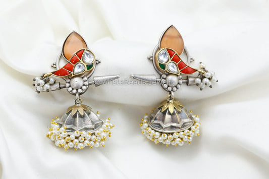 Jadau Kundan Silver Replica Fusion Jhumka -Coral
