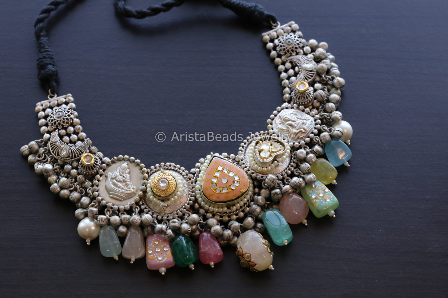 92.5 Silver Polish Kundan Enamel Necklace Set - Style 3