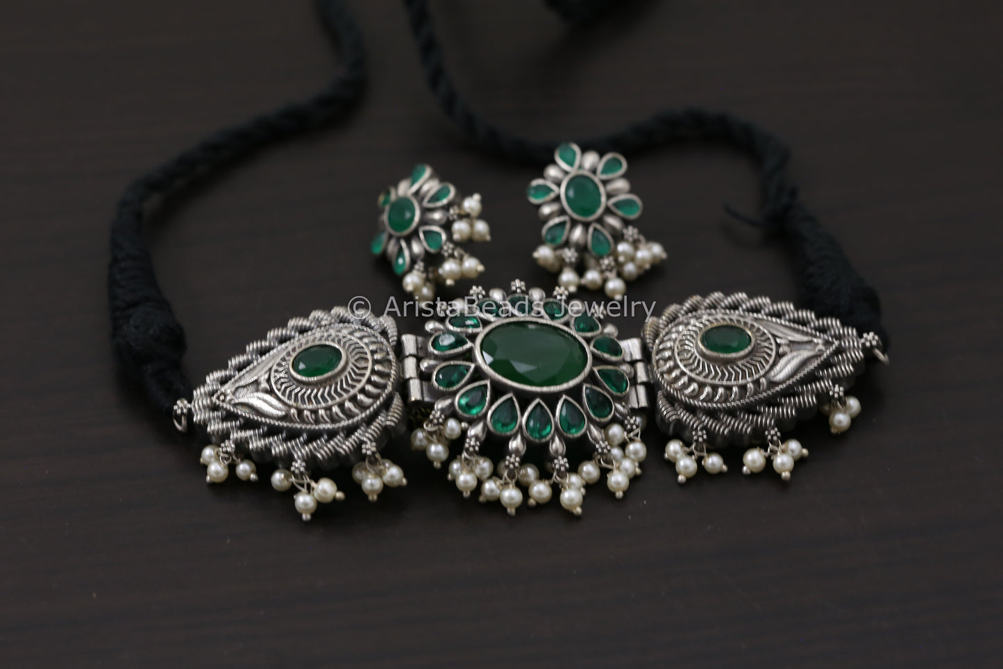 Silver Look Green CZ Stone Choker Set