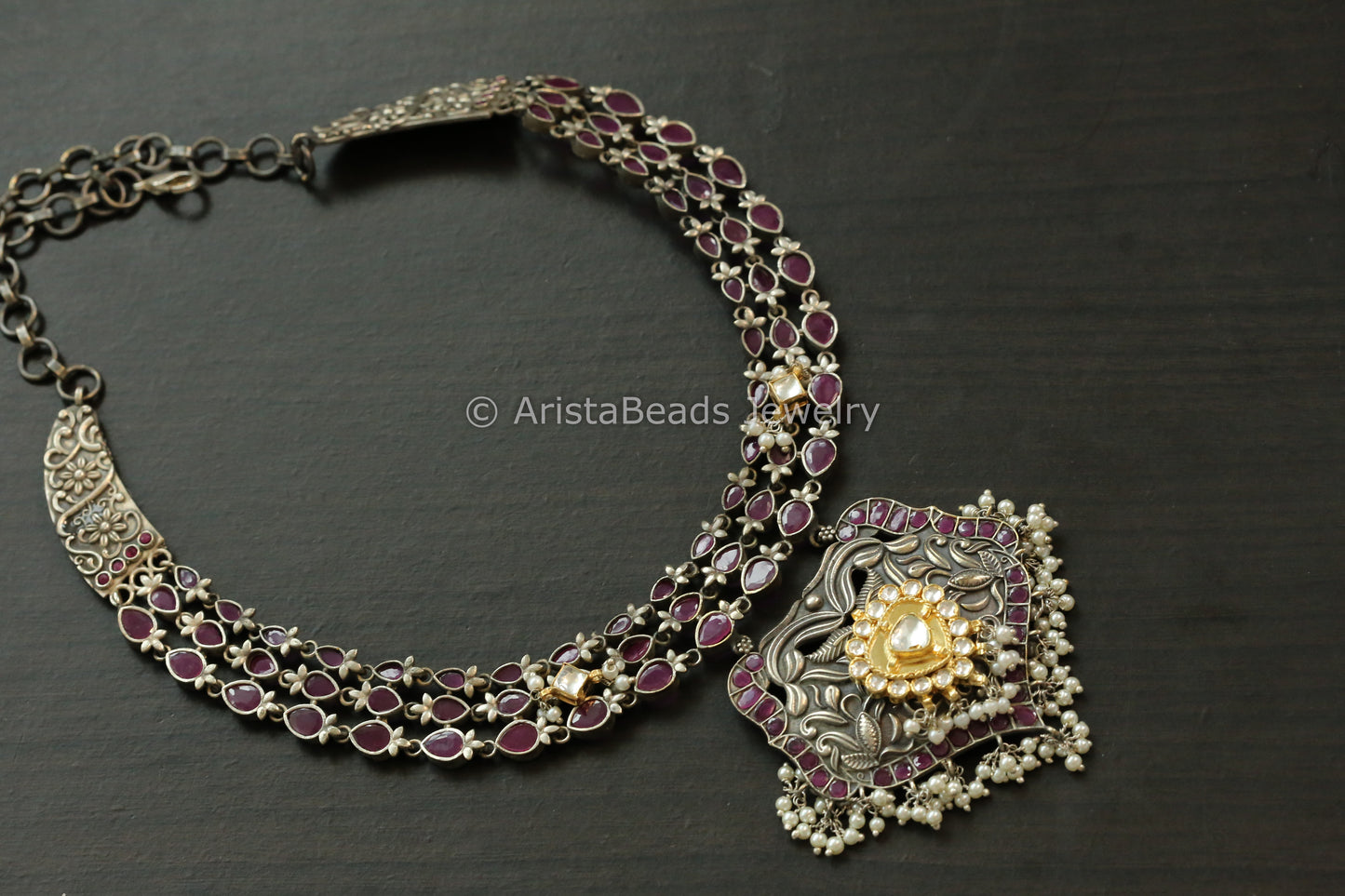 Ruby CZ Oxidized Kundan Motif Necklace