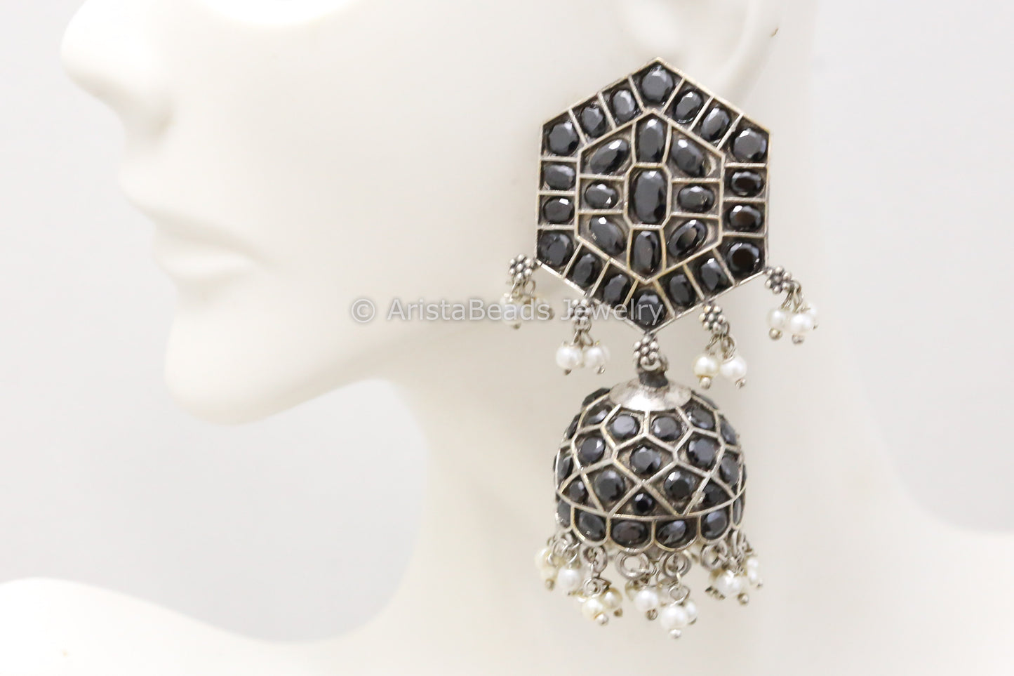 Silver Jadau Look Alike Oxidized Jhumka - Black