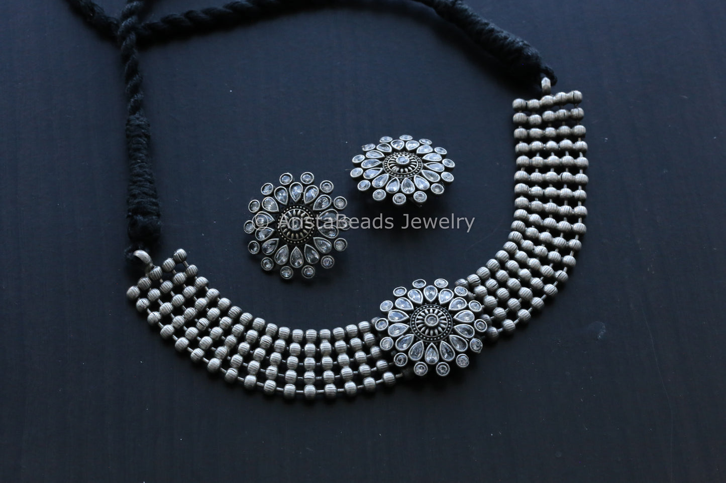 Oxidized Choker Necklace Set - Clear