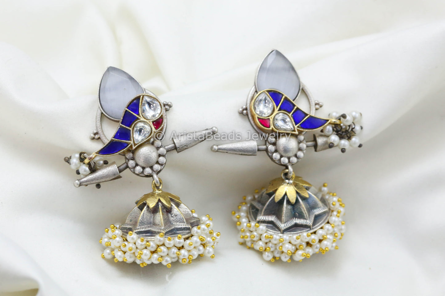 Jadau Kundan Silver Replica Fusion Jhumka -Blue