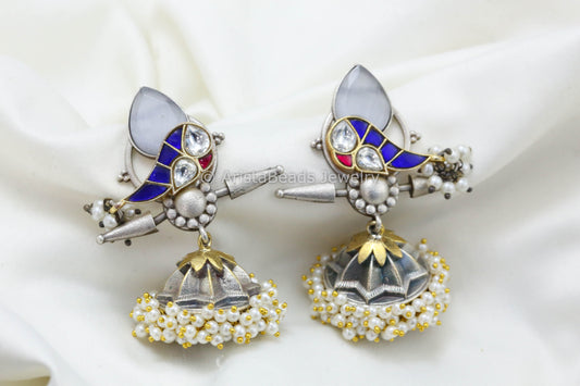 Jadau Kundan Silver Replica Fusion Jhumka -Blue