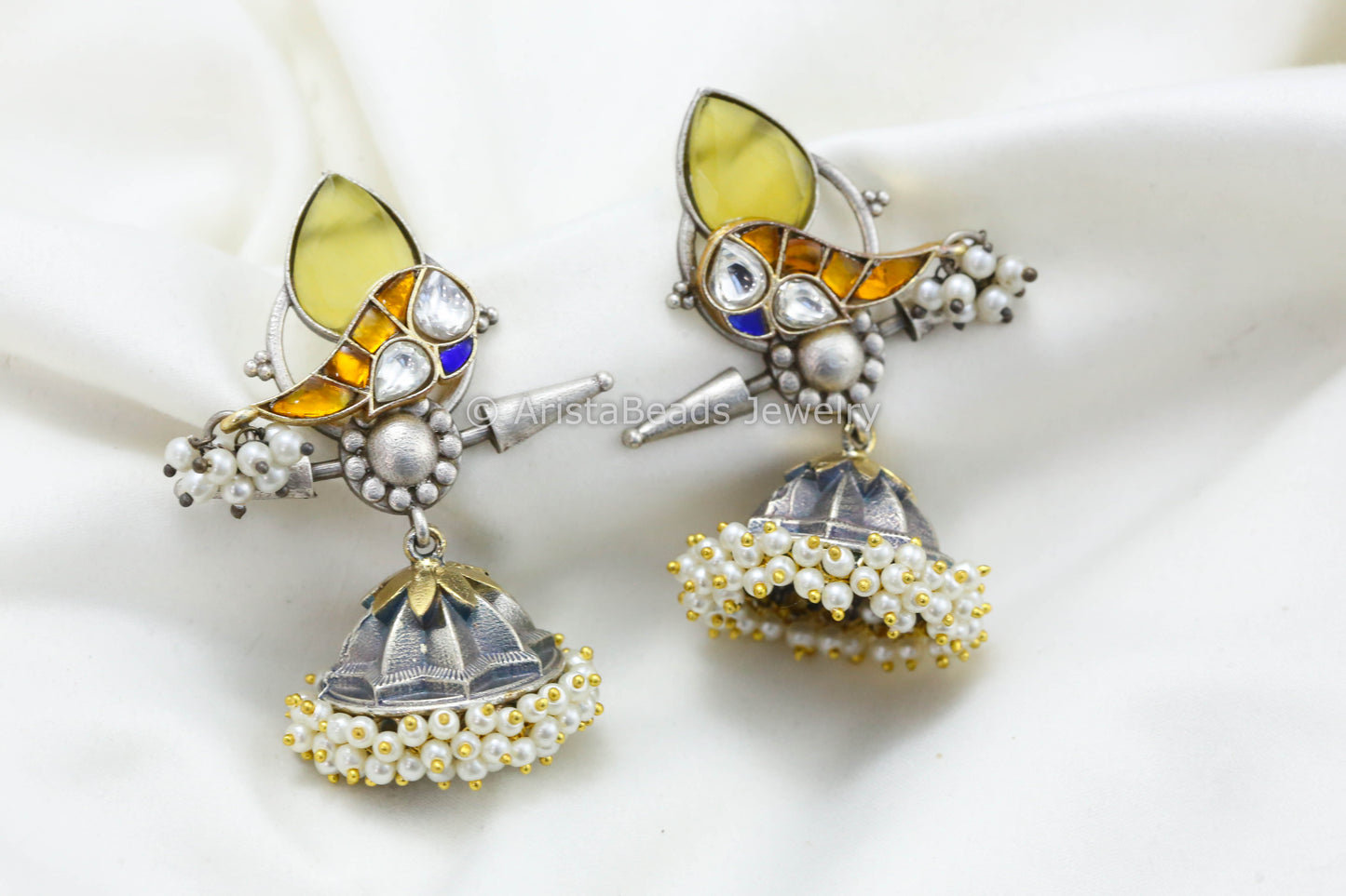 Jadau Kundan Silver Replica Fusion Jhumka -Yellow
