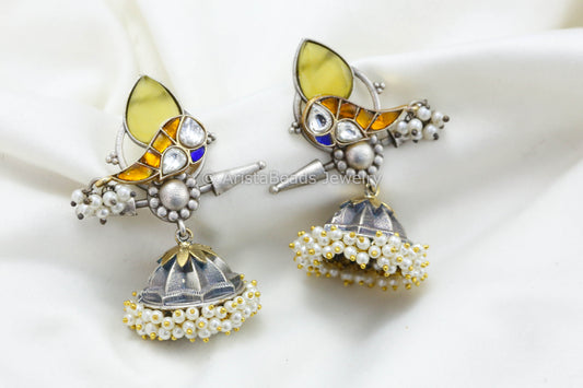 Jadau Kundan Silver Replica Fusion Jhumka -Yellow