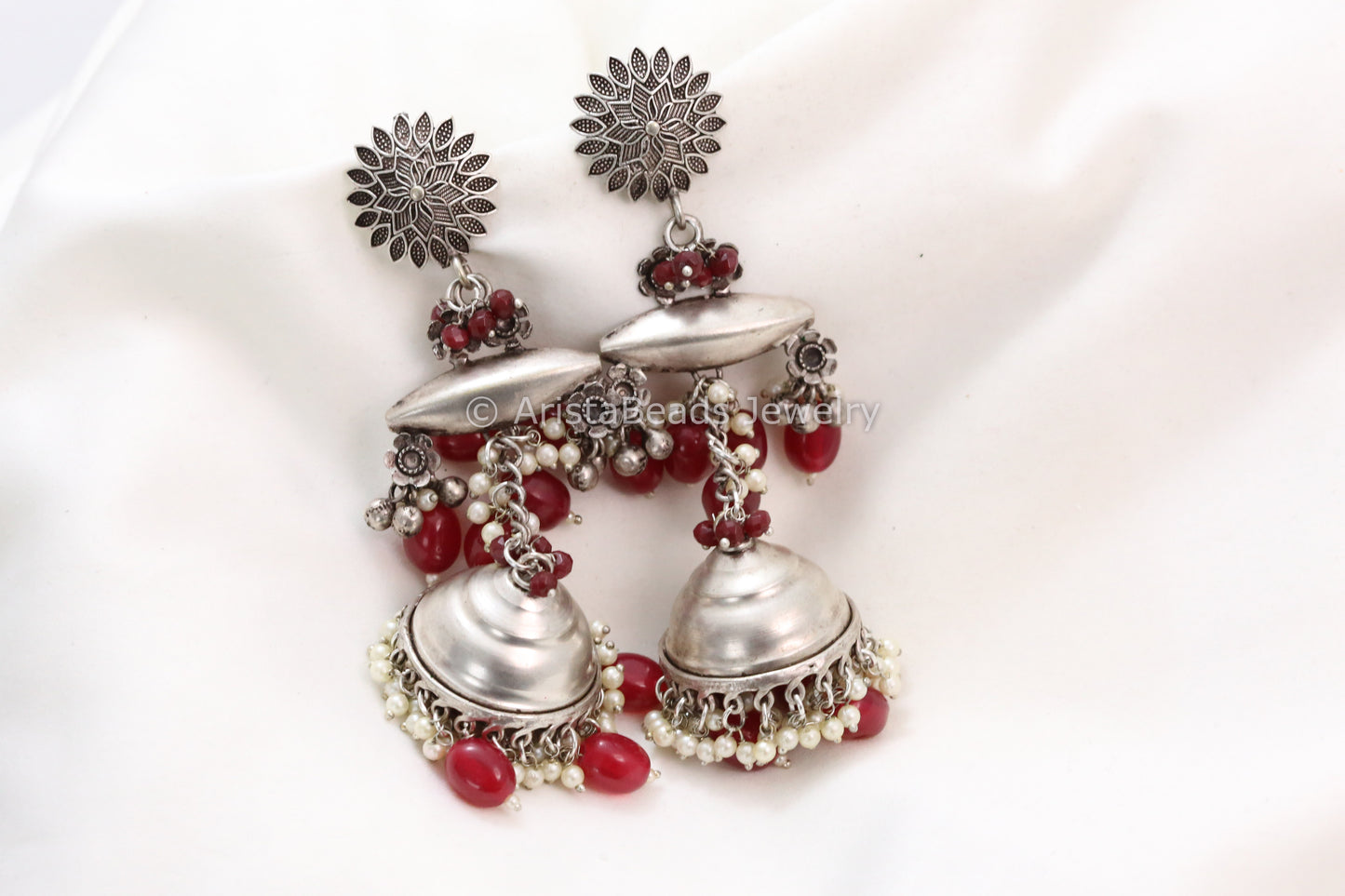 Long 925 Silver Polish Jhumka - Red