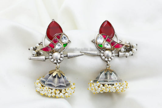 Jadau Kundan Silver Replica Fusion Jhumka -Ruby