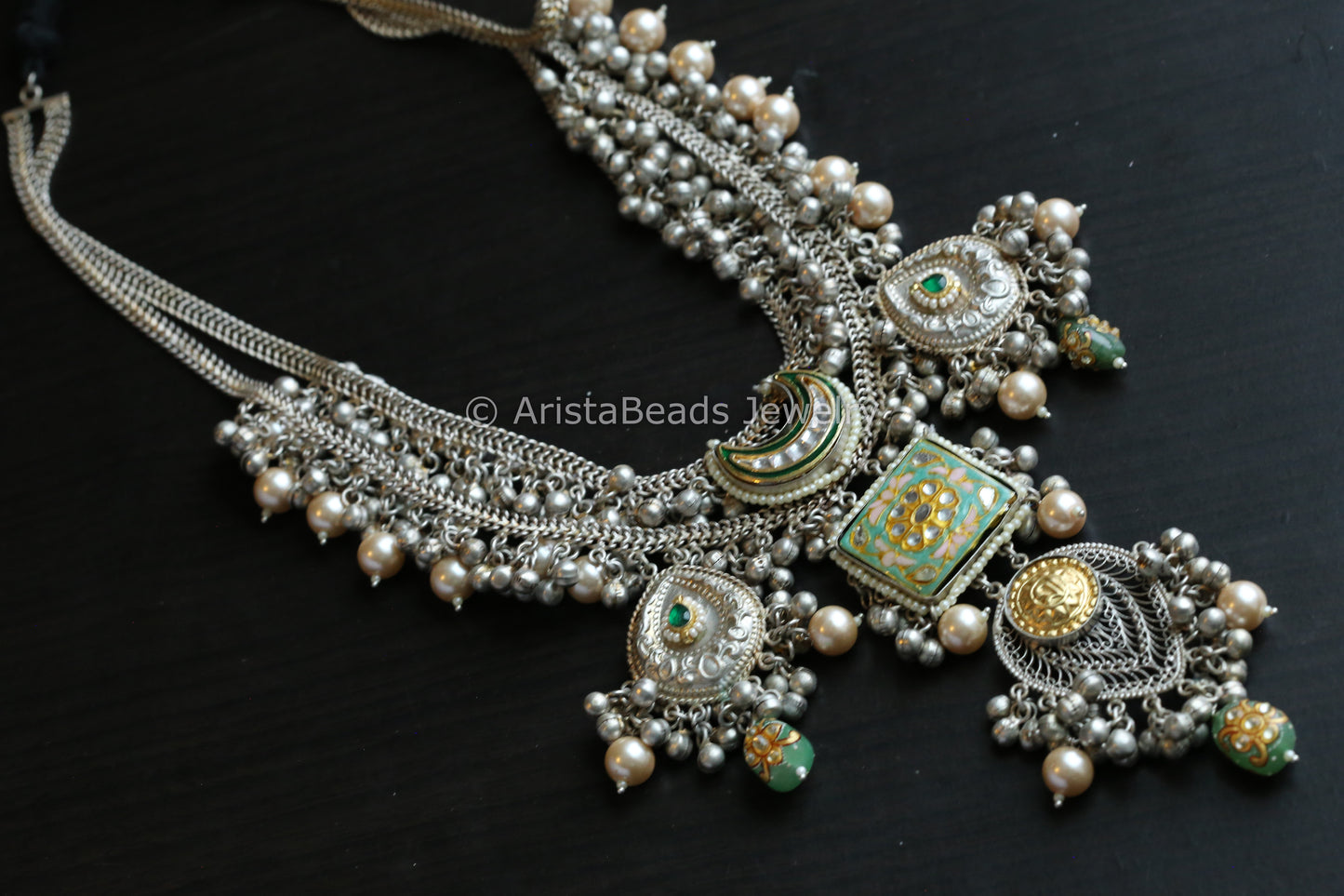 92.5 Silver Polish Kundan & Enamel Long Set - Green Enamel