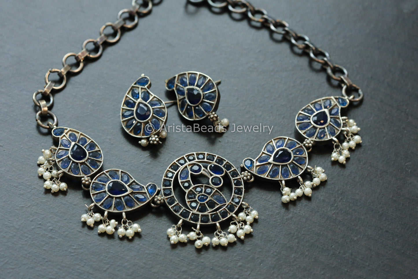 Blue Oxidized Paisley Necklace Set
