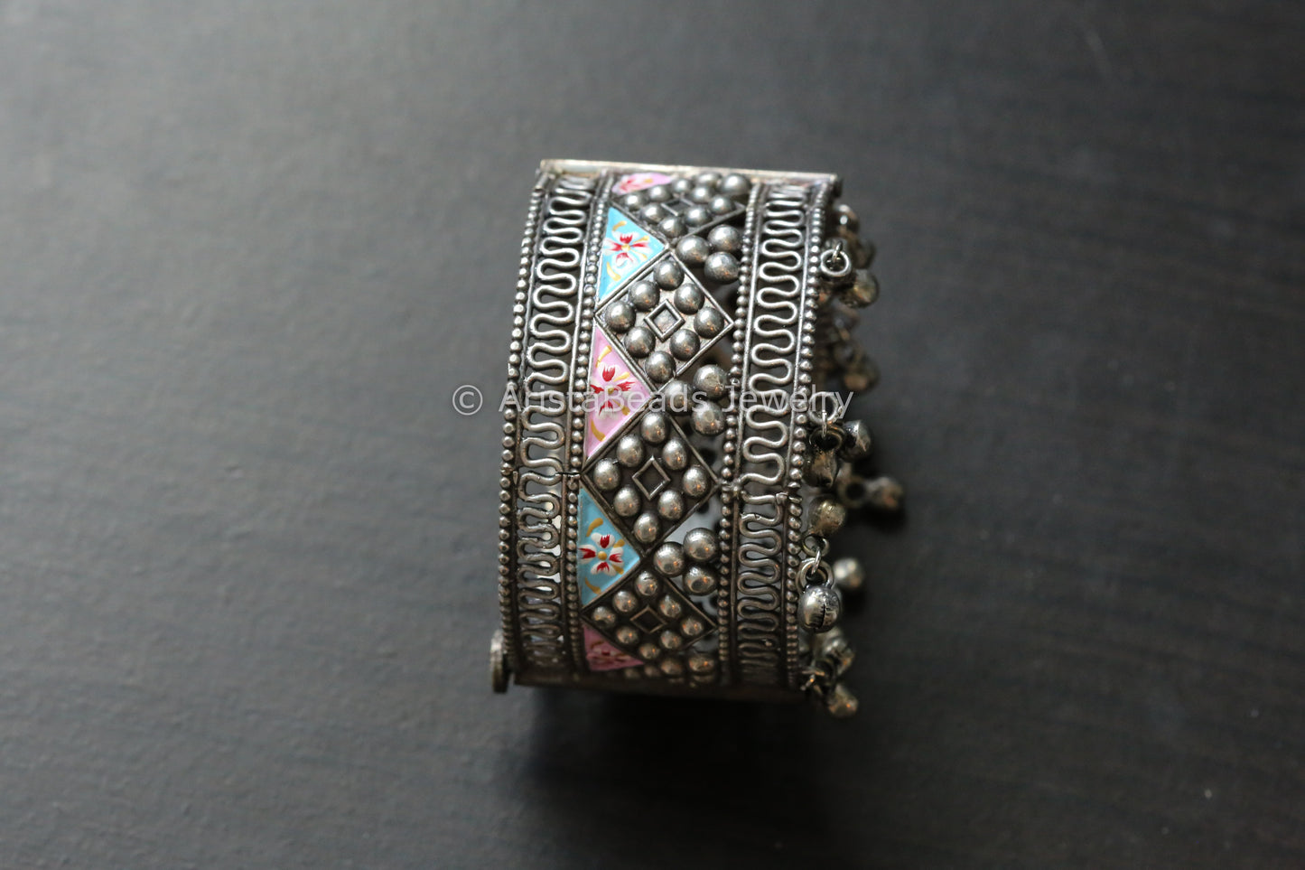 Wide Silver Look Oxidized Enamel Bangle