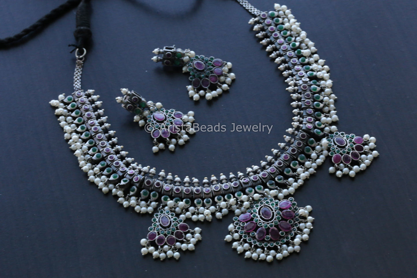 Oxidized Guttapusalu Necklace - Ruby Green