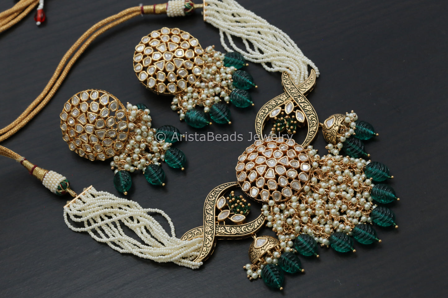 Uncut Polki Kundan Choker Set - Green Drops