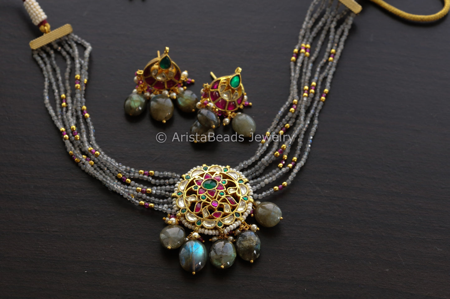 Real Labradorite Jadau Pachi Necklace Set