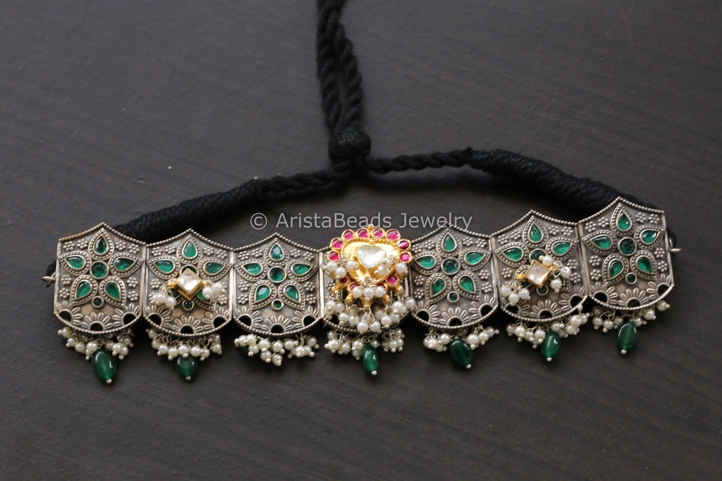 Ruby Pachi Motif Green Oxidized Choker