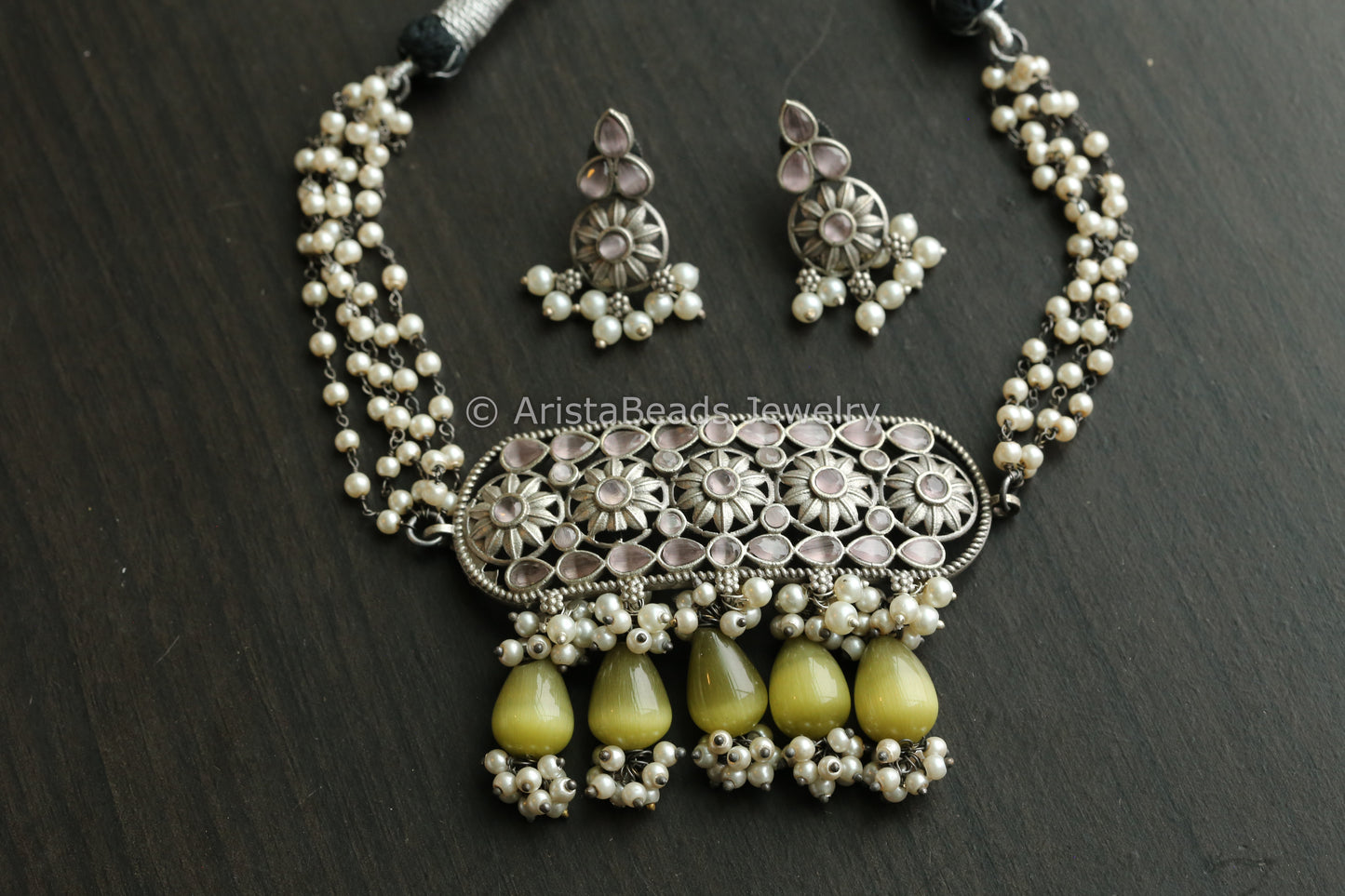 Oxidized Necklace Set -Olive