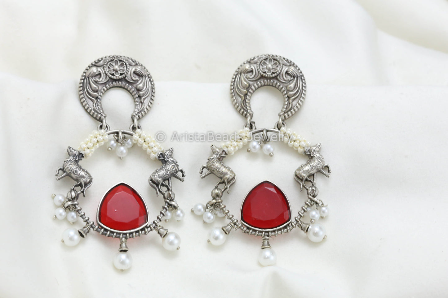 Silver Look Chandbaali - Red