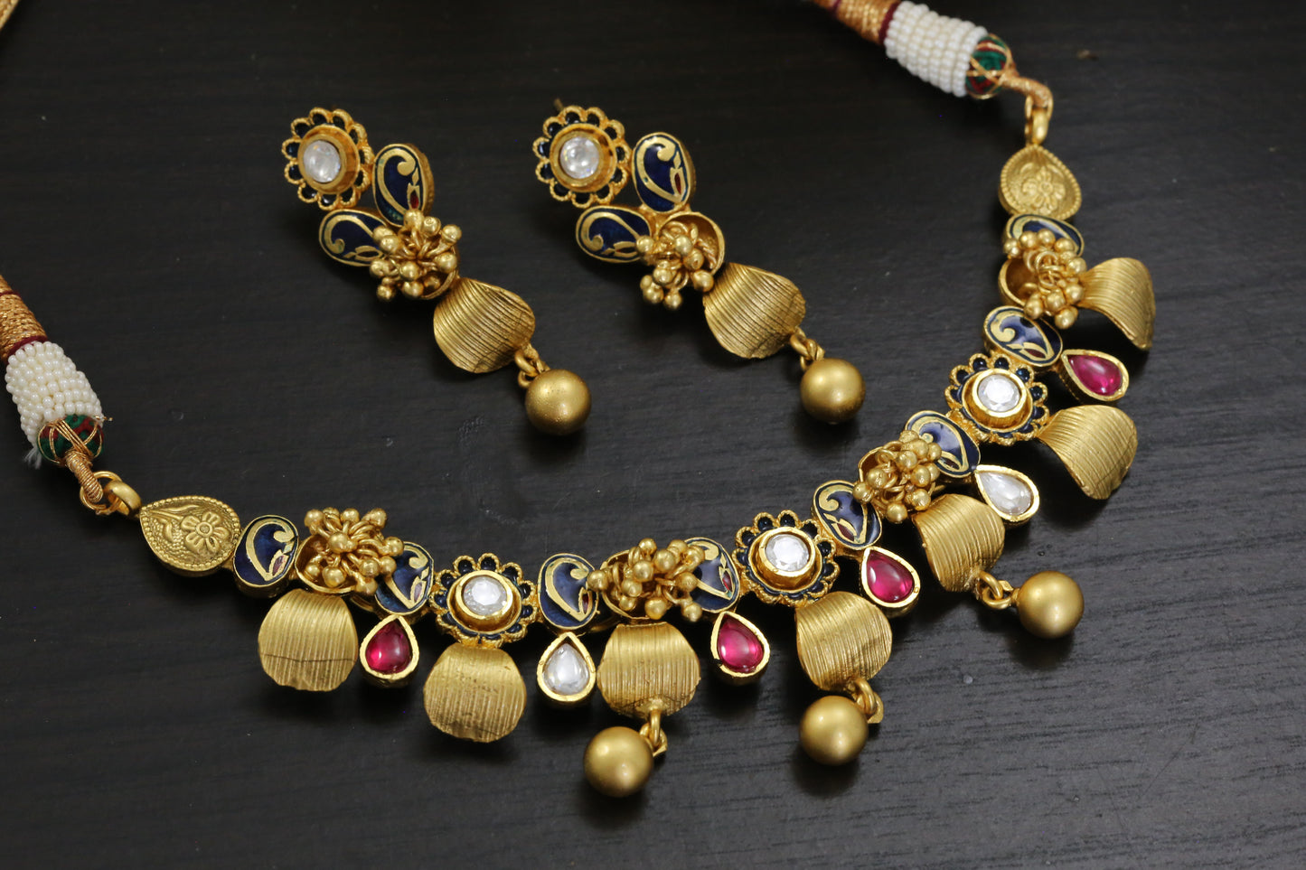 Kundan Polki Enamel Ghungroo Necklace Set - Blue
