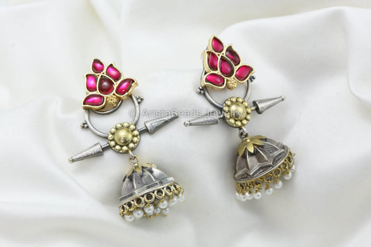 Jadau Kundan Silver Look Fusion Jhumka -Ruby