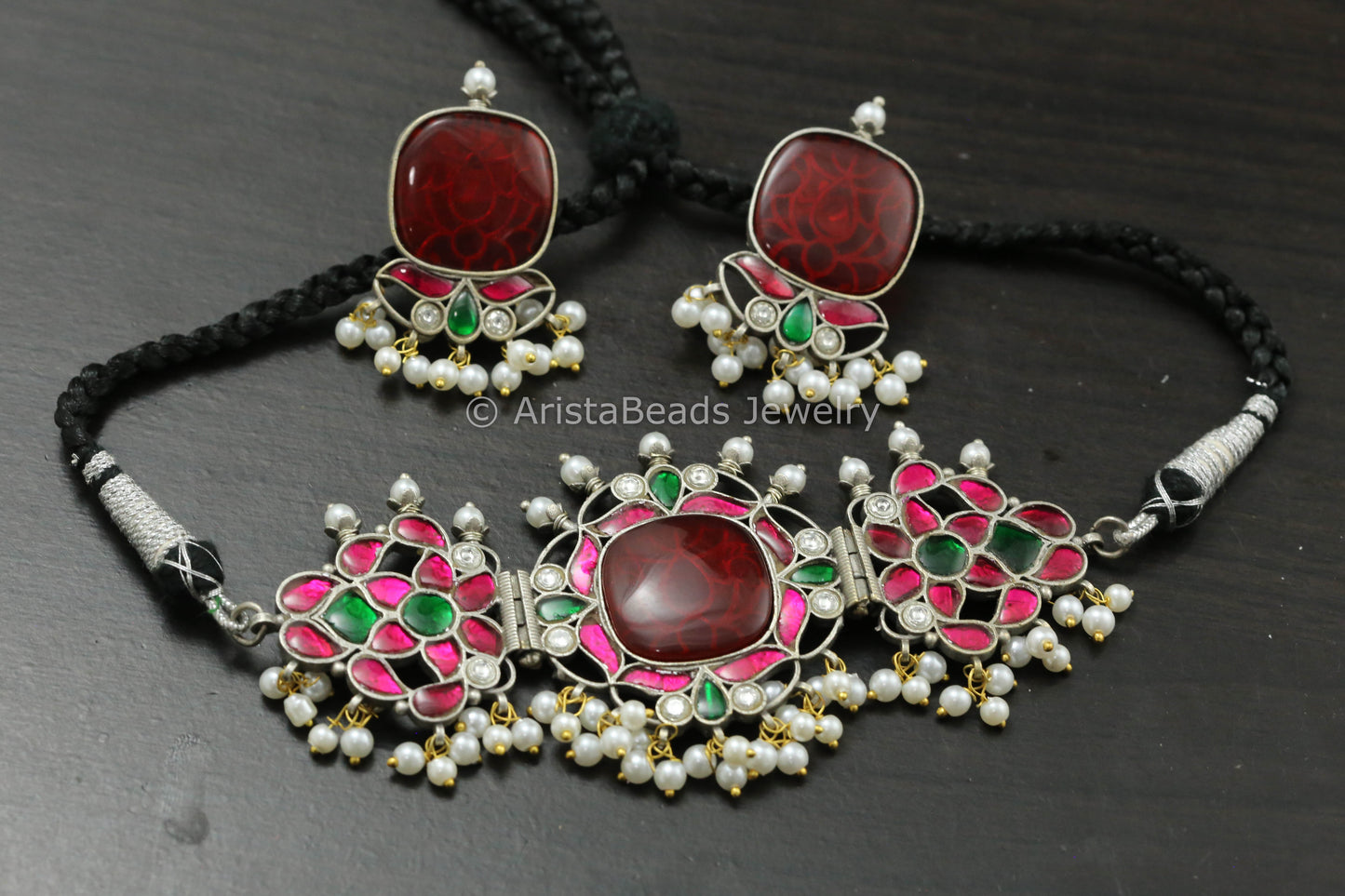 Silver Finish Jadau Choker Set - Red