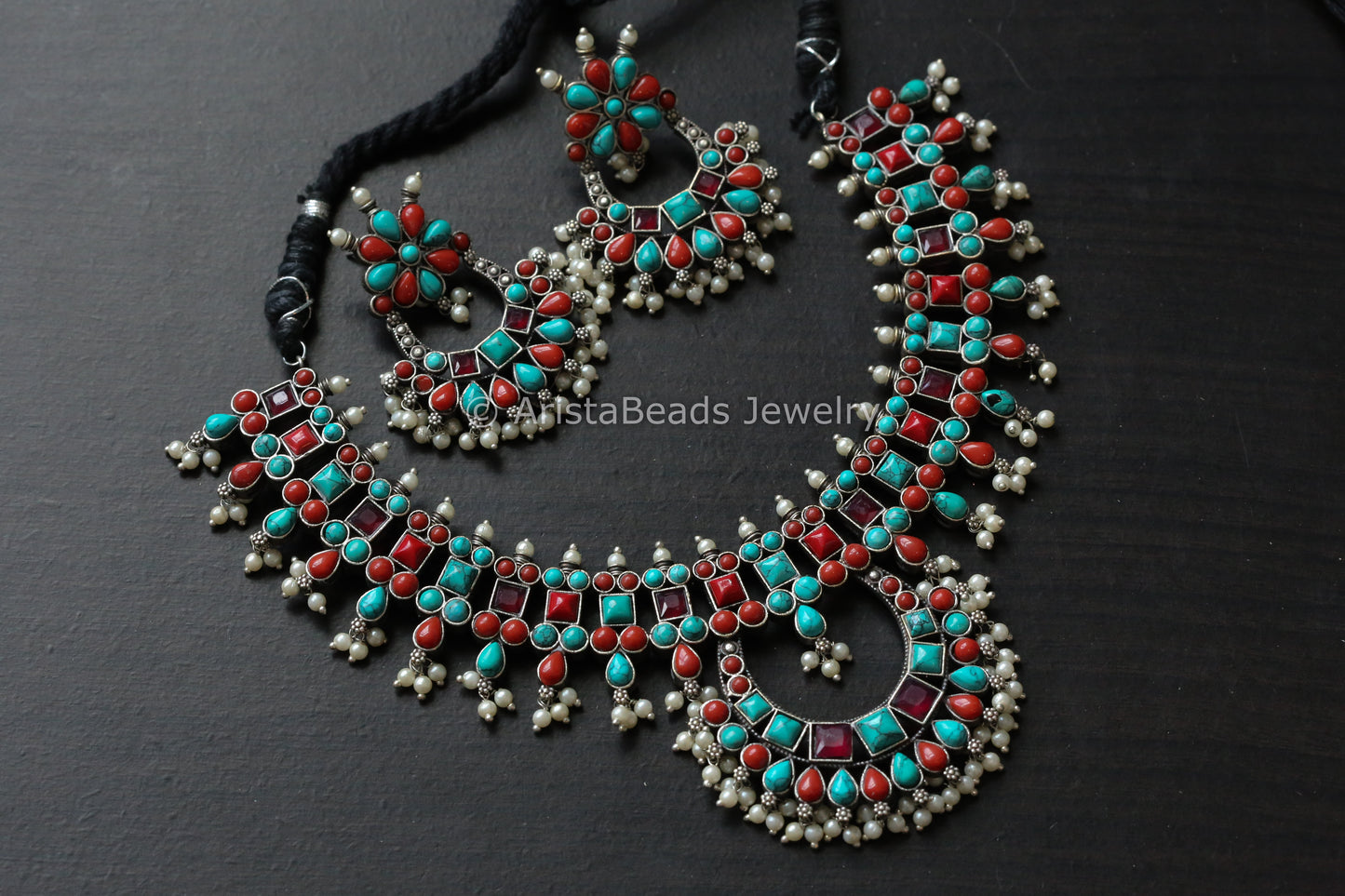 Turquoise Coral Oxidized Chandbaali Necklace Set