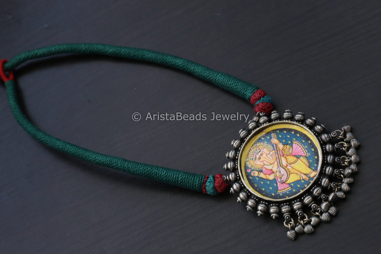 Hand Painted Silver Look Necklace - Green