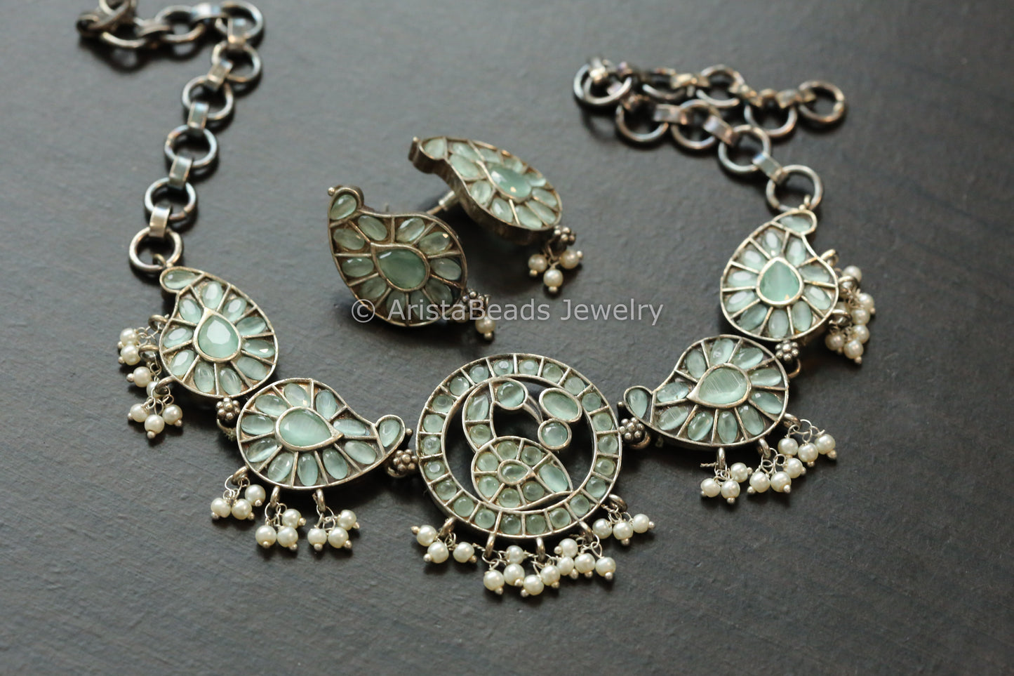 Mint Oxidized Paisley Necklace Set