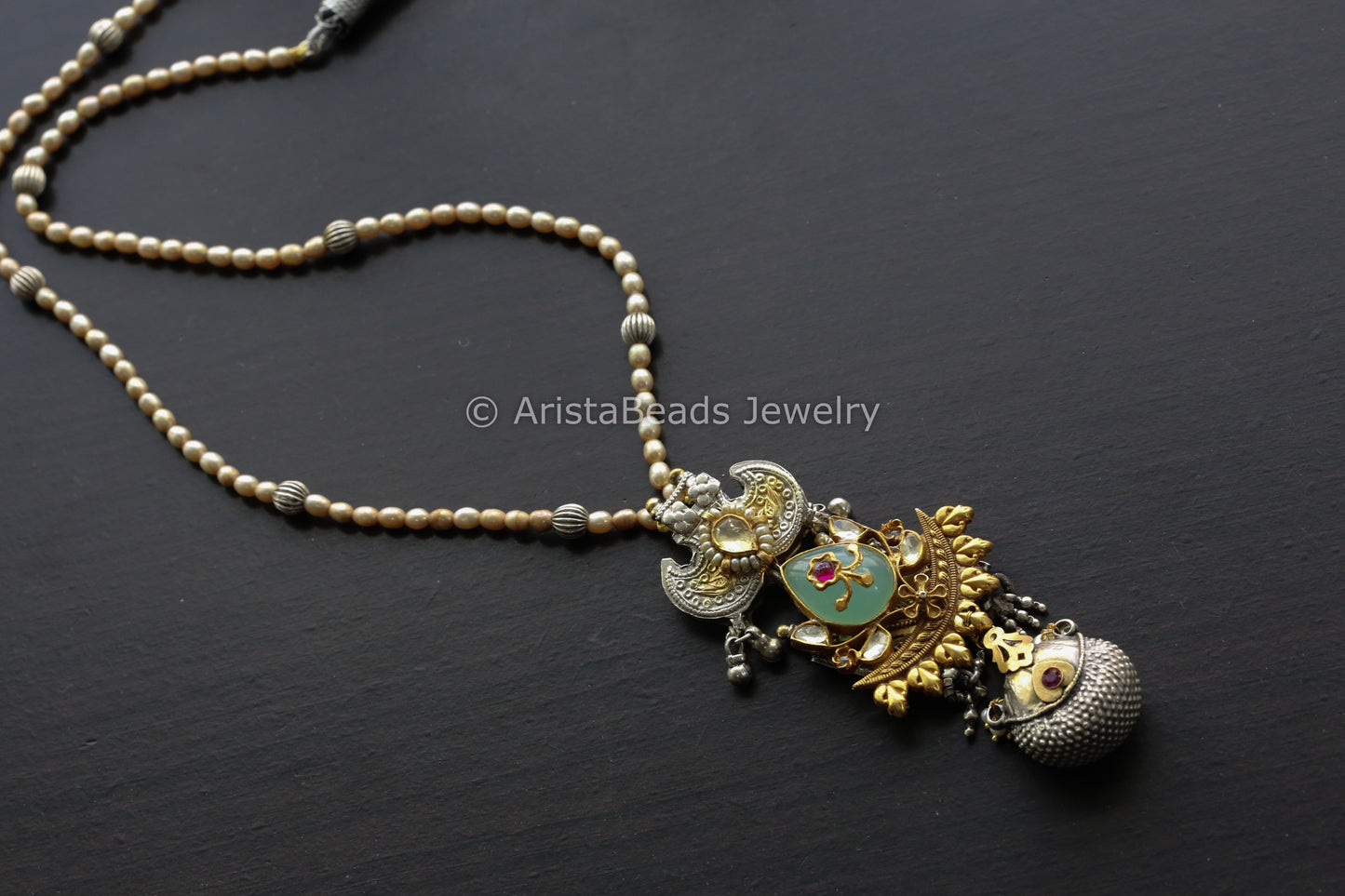 925 Sterling Silver Designer Dual Tone Necklace ( Real Pearls)