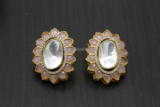 Large Uncut Polki Studs -Pink