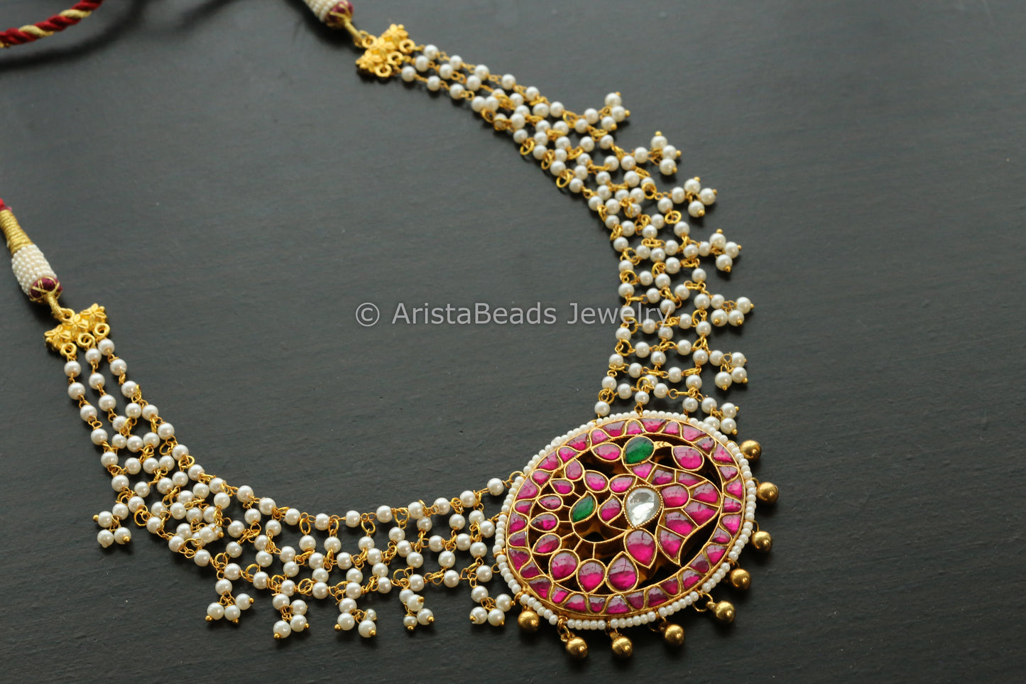 Handmade Jadau Peacock Kundan Necklace - Ruby